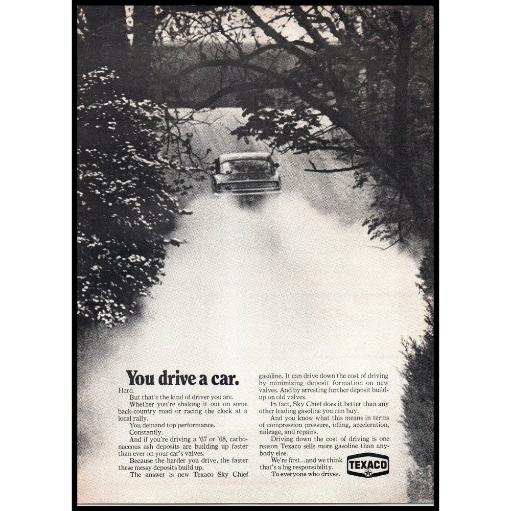 1968 Texaco Sky Chief Gasoline Vintage Print Ad Dirt Road Country Drive Wall Art